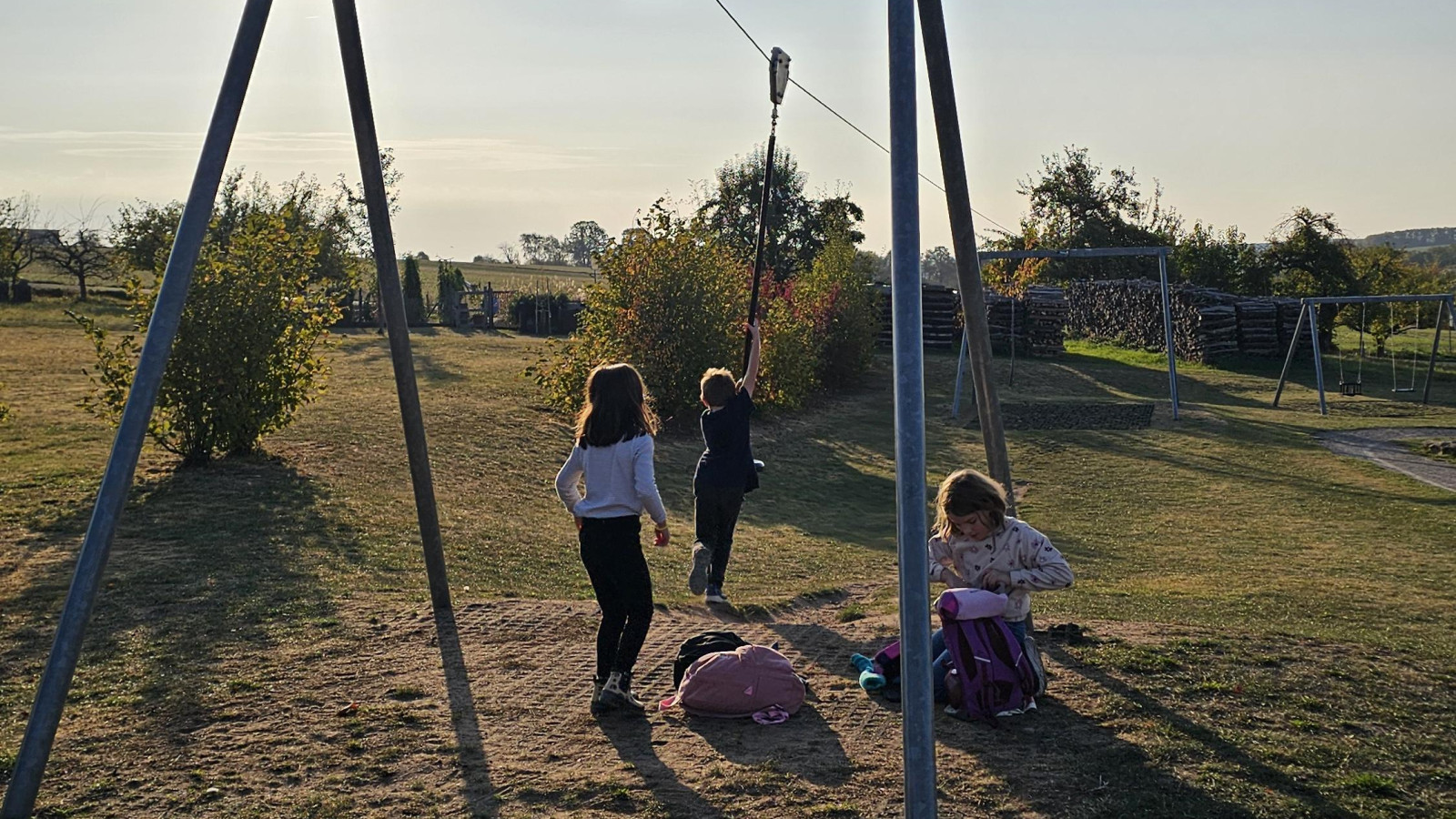 Kinder spielen an einem Seilspielgerät im Park bei Sonnenuntergang, umgeben von Rasen und Bäumen.
